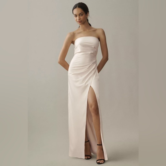 Anthropologie BHLDN Danielle Strapless Side-Slit Stretch Satin Maxi Dress